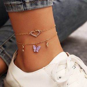 Butterfly and Hearts Gold Anklet Set Moon Crests